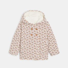 Manteau-pull réversible fourré fleuri à capuche beige bébé fille