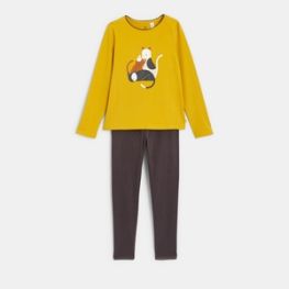 Pyjama 2 pièces en jersey motif chat jaune fille