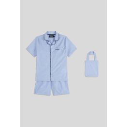 Pyjama court col chemise uni avec totebag assorti en coton BIO