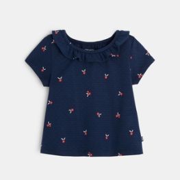 T-shirt pointelle imprimé fleurs bleu bébé fille